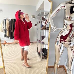 Vtg Red Oversized Wool Coat Fairbrook Sz 14 Double Breasted Hooded Dry Cleaned